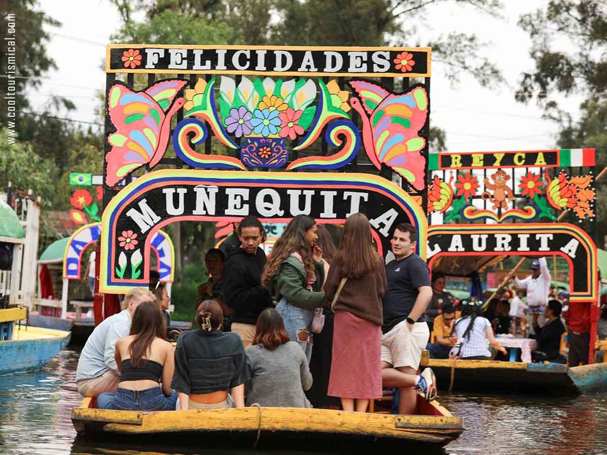 Trajineras floating on Xochimilco Canals Mexico City