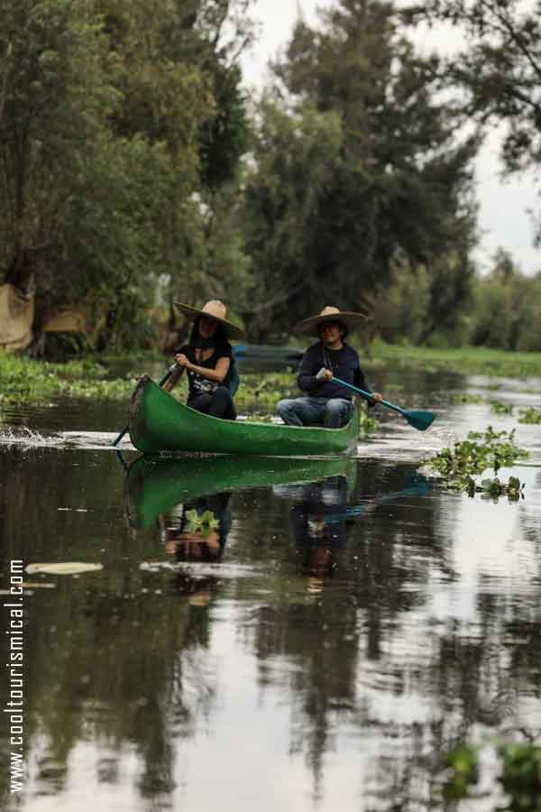 People Kayaking on the Xochimilco Canals among the Xochimilco Floating Gardens