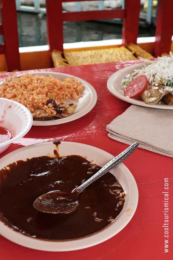 Xochimilco quesadillas with bens and rice